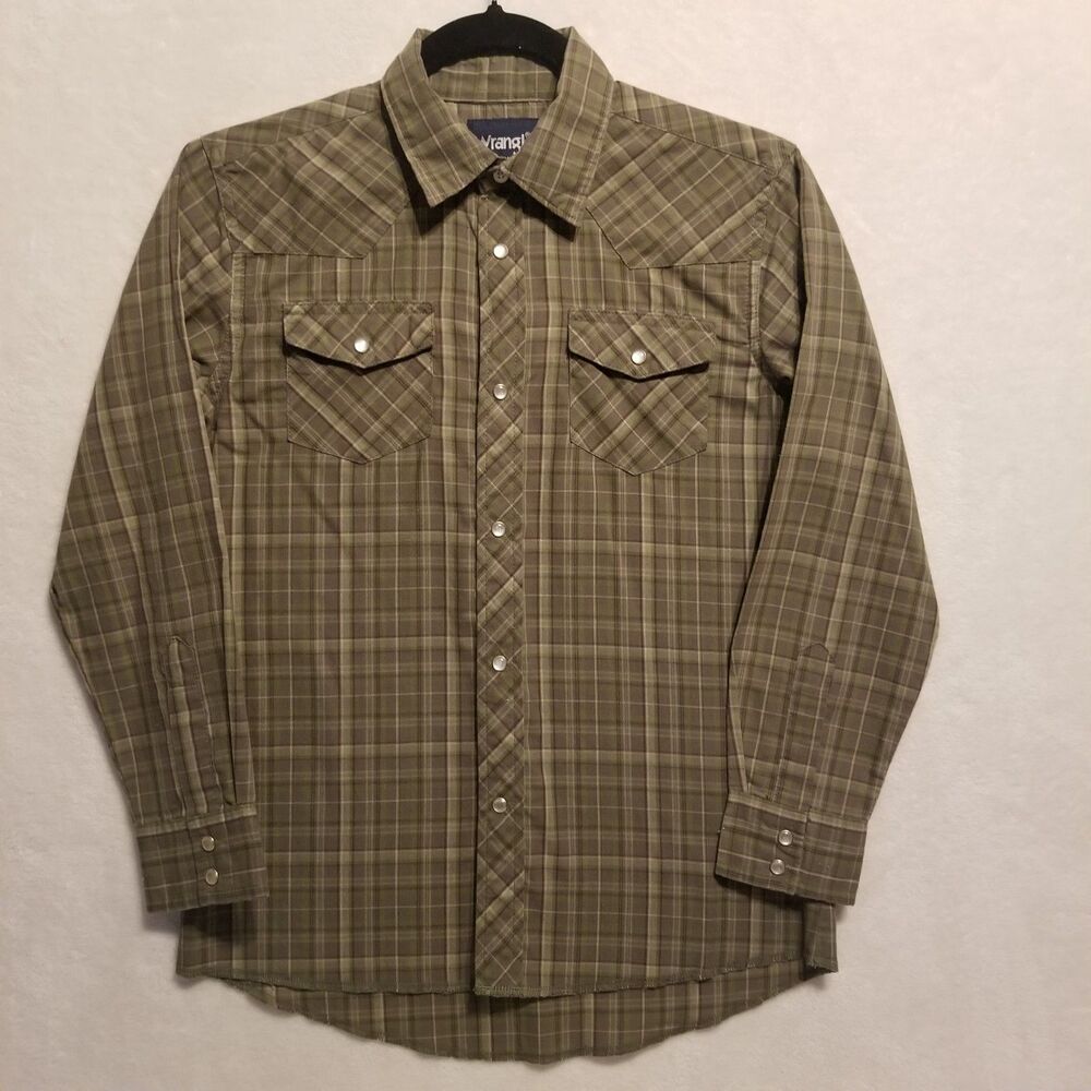 Wrangler Youth Lg 10/12 Shirt Olive Green Plaid Pearl Snap Western Rodeo Ranch